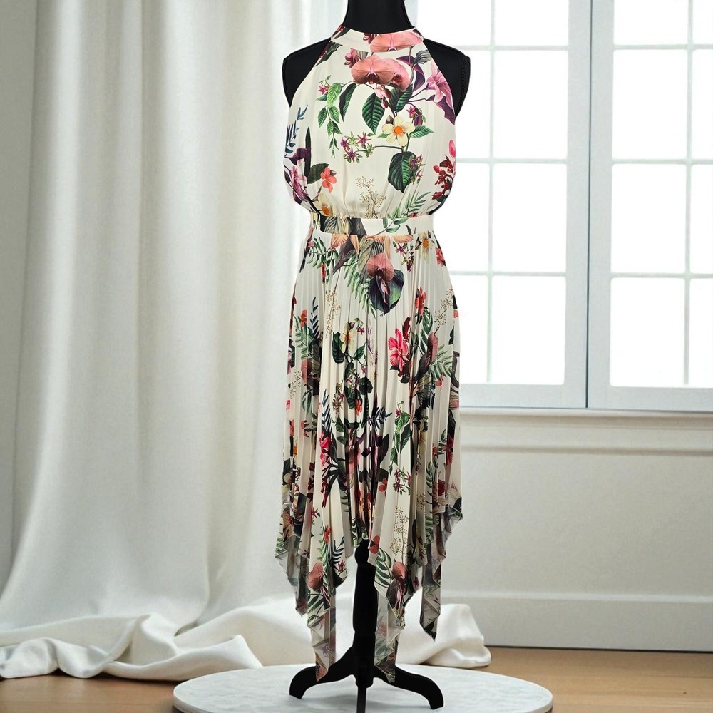 Lipsy London Dress Woman Size‎ 4 Floral Print Halter  Pleated Handkerchief Hem